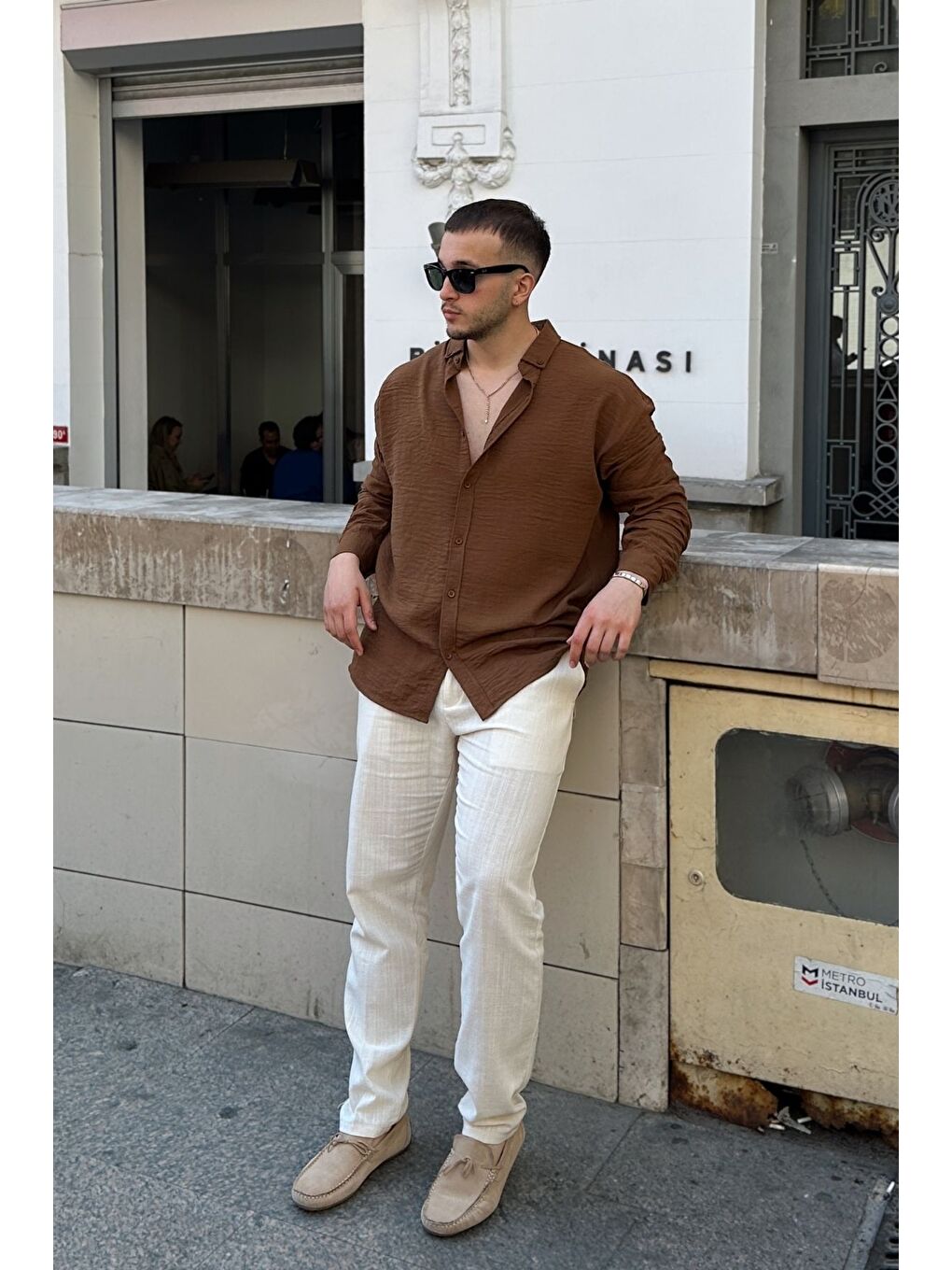 Kahverengi Napas Erkek Oversize Keten Görünümlü Gömlek-1
