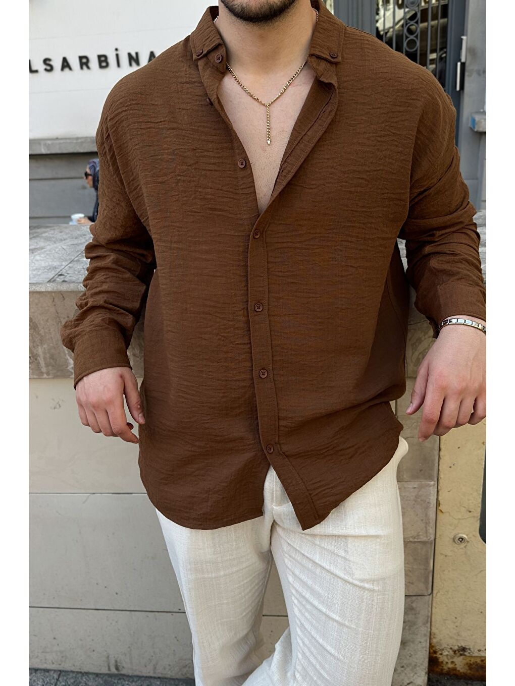 Kahverengi Napas Erkek Oversize Keten Görünümlü Gömlek-2