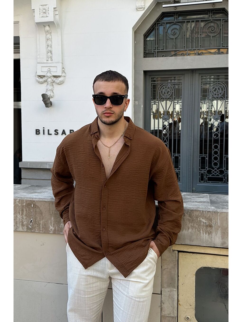 Kahverengi Napas Erkek Oversize Keten Görünümlü Gömlek-3