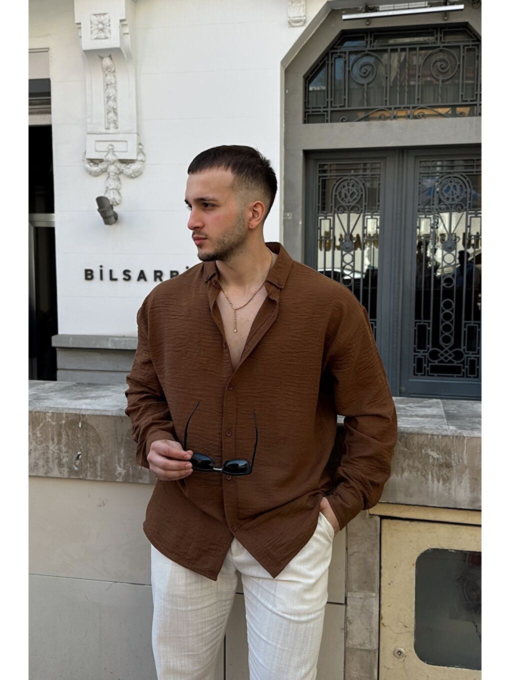 Kahverengi Napas Erkek Oversize Keten Görünümlü Gömlek-4