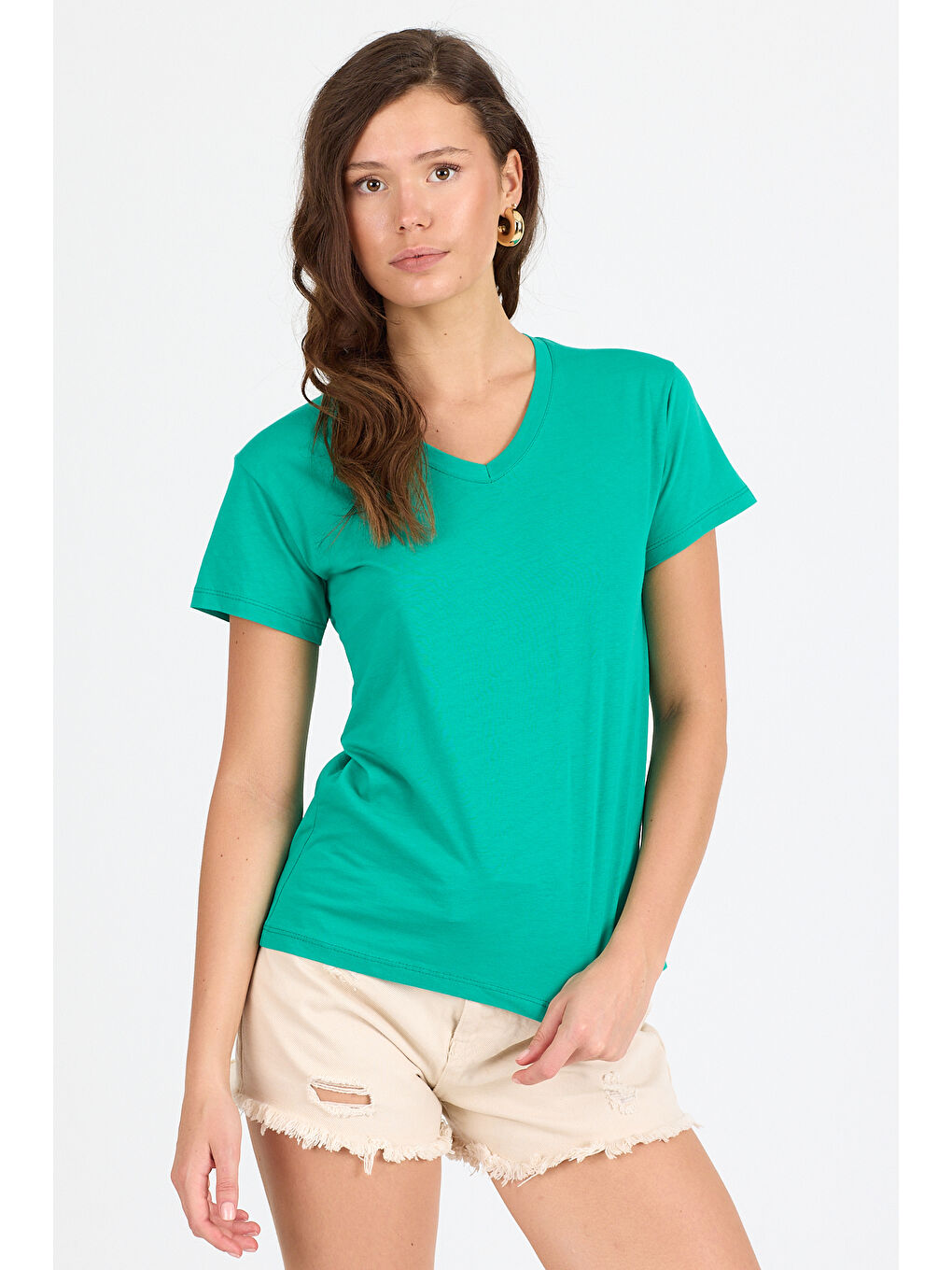 Yeşil Kadın V Yaka T-shirt 3005