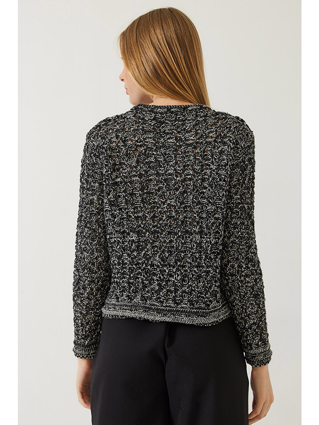 Siyah Kadın Ajurlu Simli Triko Hırka-5