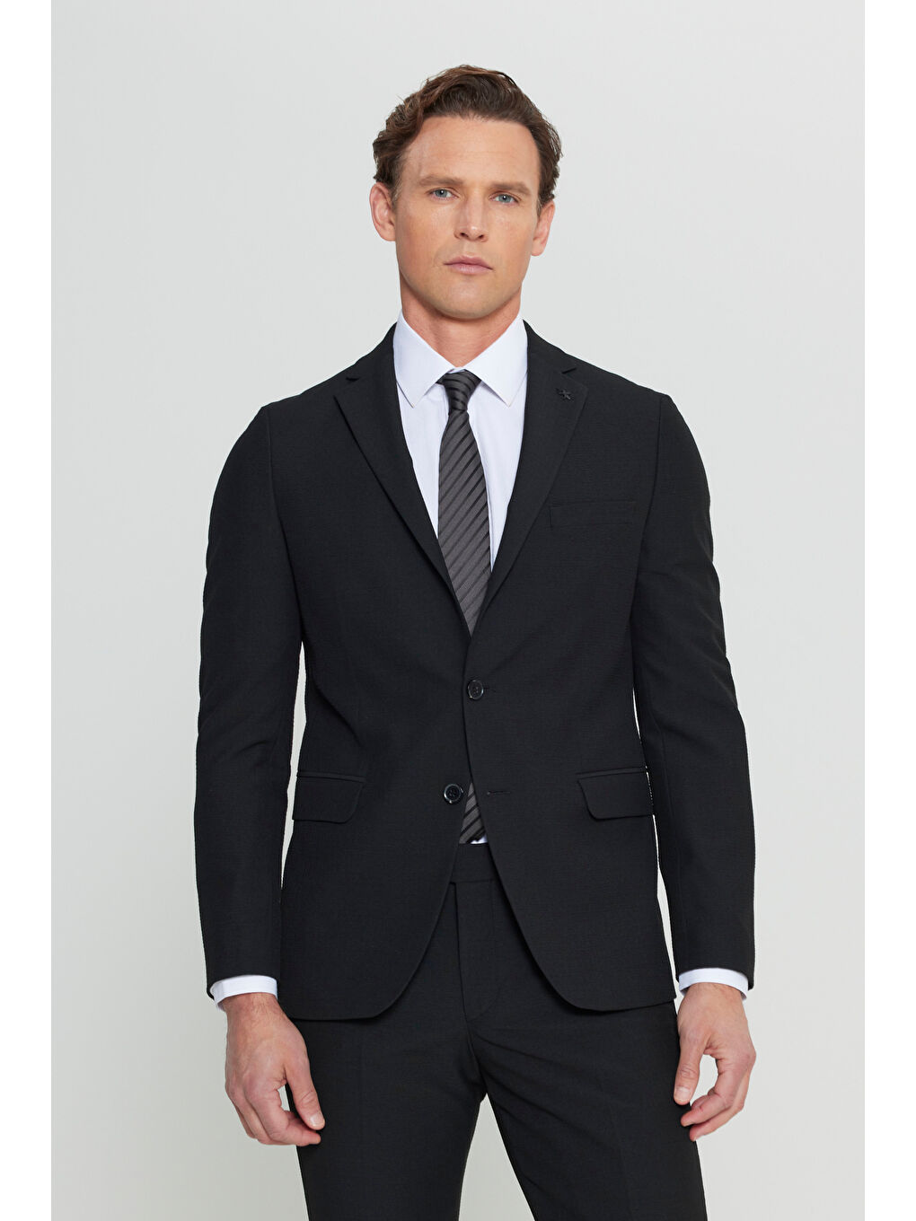 Erkek Siyah Slim Fit Mono Yaka Gofre Desenli Kapak Cepli Esnek Takım Elbise