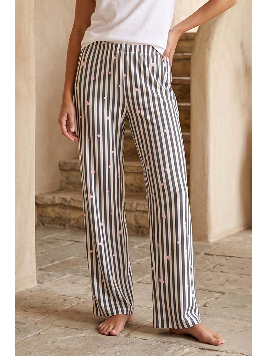 Büyük Beden Kadın Çizgili Kalp Desen Viskon Kumaş Penye Battal Tek Pijama Alt 23 Gri01-1