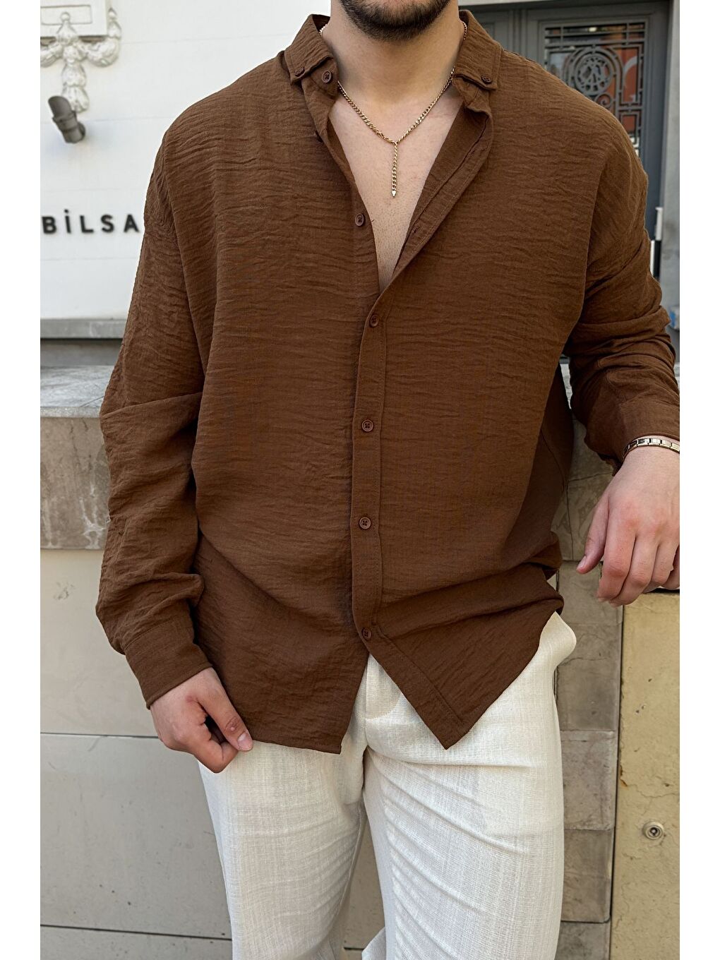 Kahverengi Napas Erkek Oversize Keten Görünümlü Gömlek-5