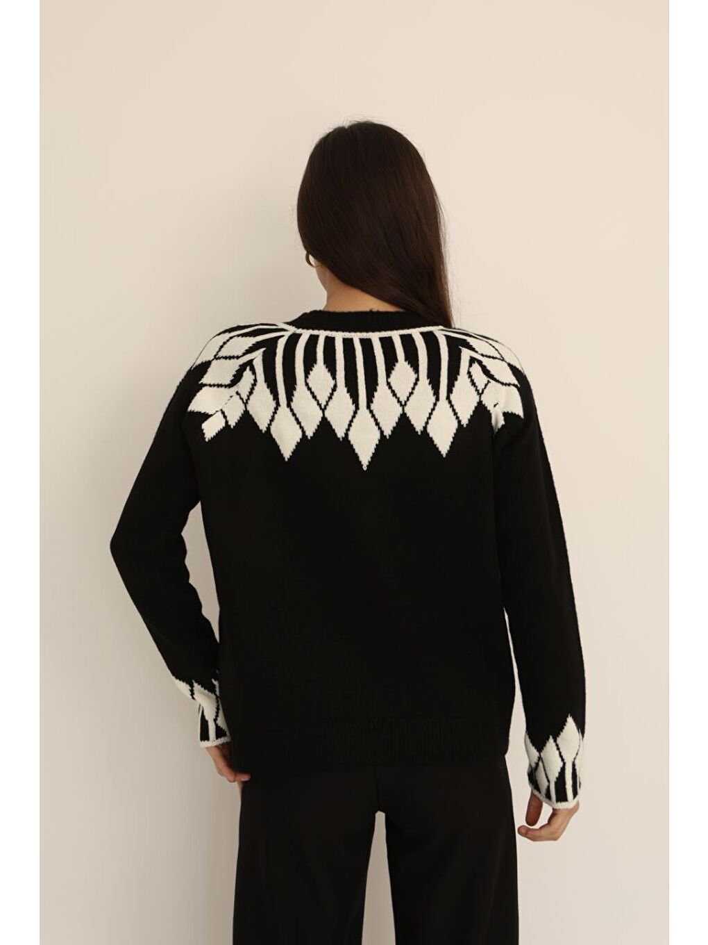 Bisiklet Yaka Desenli Triko Kazak Siyah-4