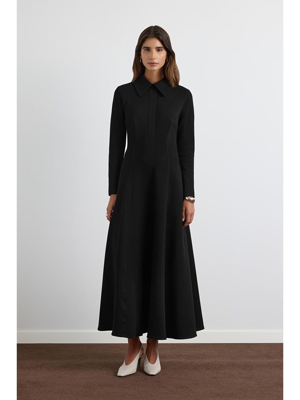 Geniş Yakalı Örme Elbise Siyah-1