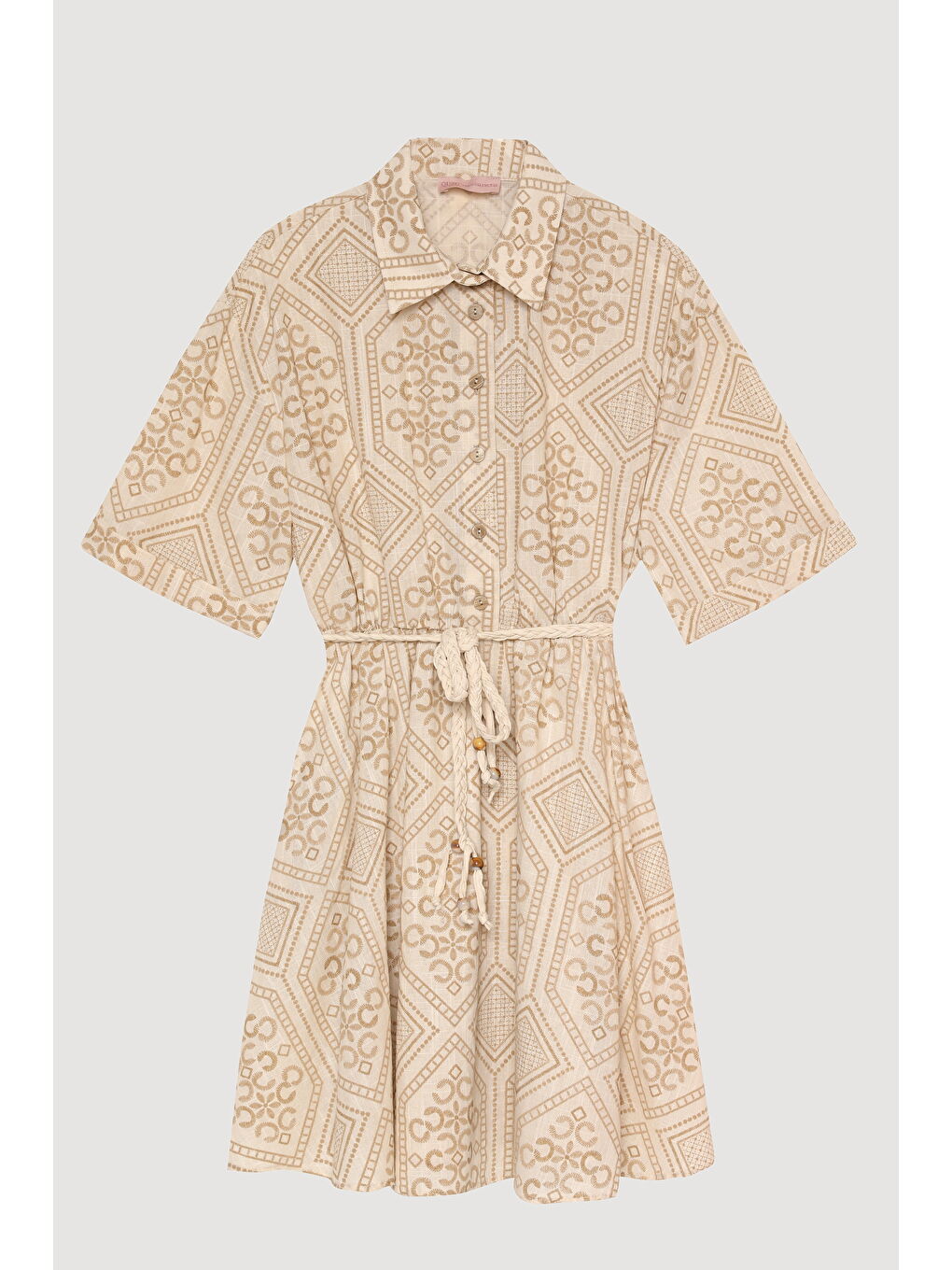 Bej Etnik Desenli Düğmeli Gömlek Elbise Naturel