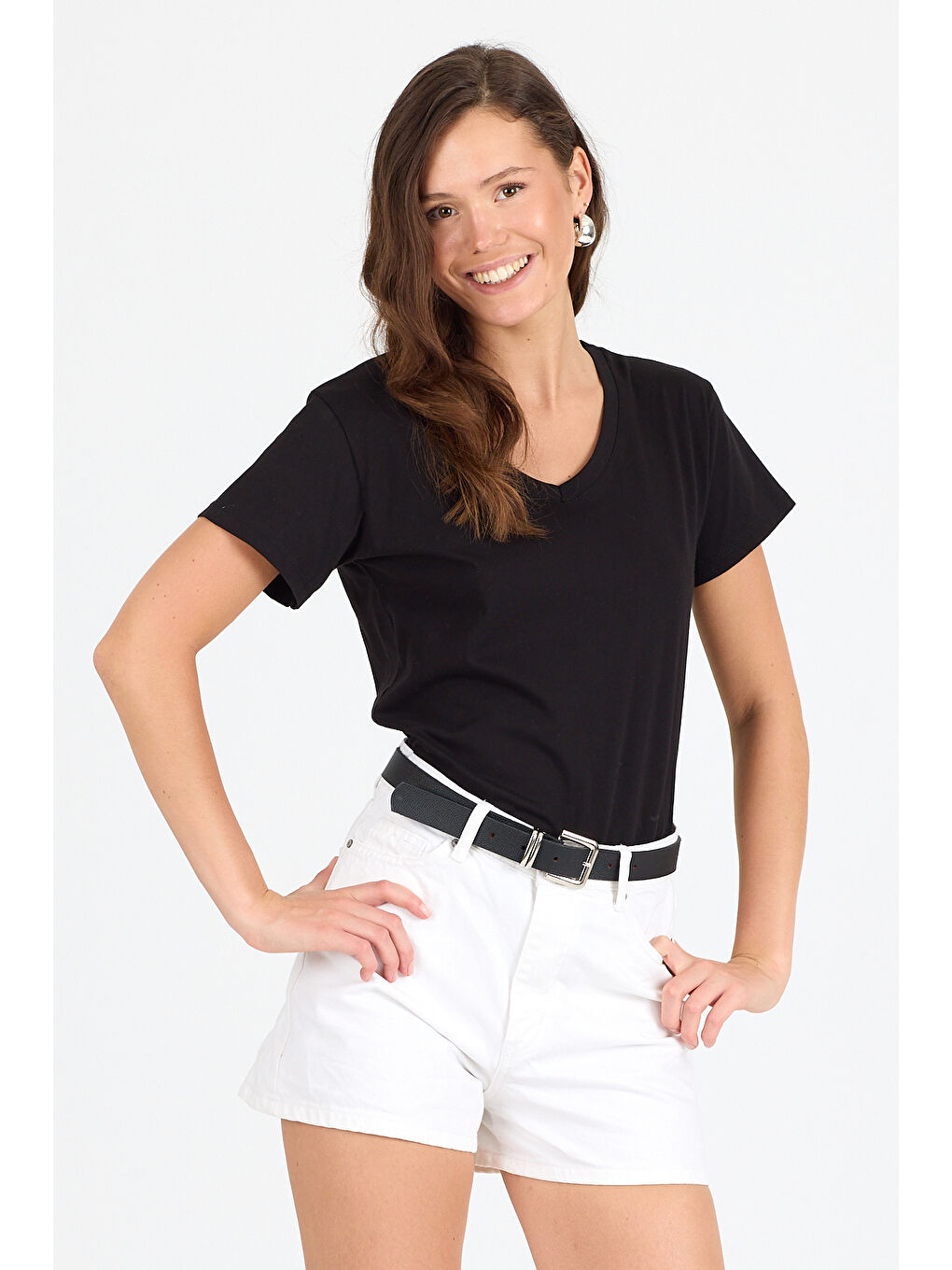 Siyah Kadın V Yaka T-shirt 3005-4