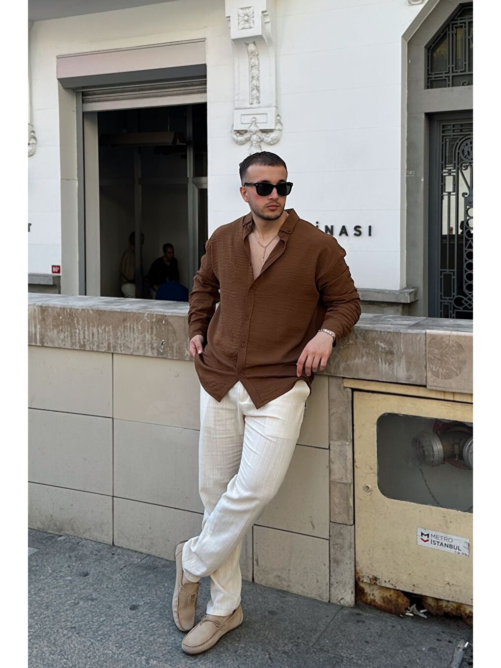 Kahverengi Napas Erkek Oversize Keten Görünümlü Gömlek-6