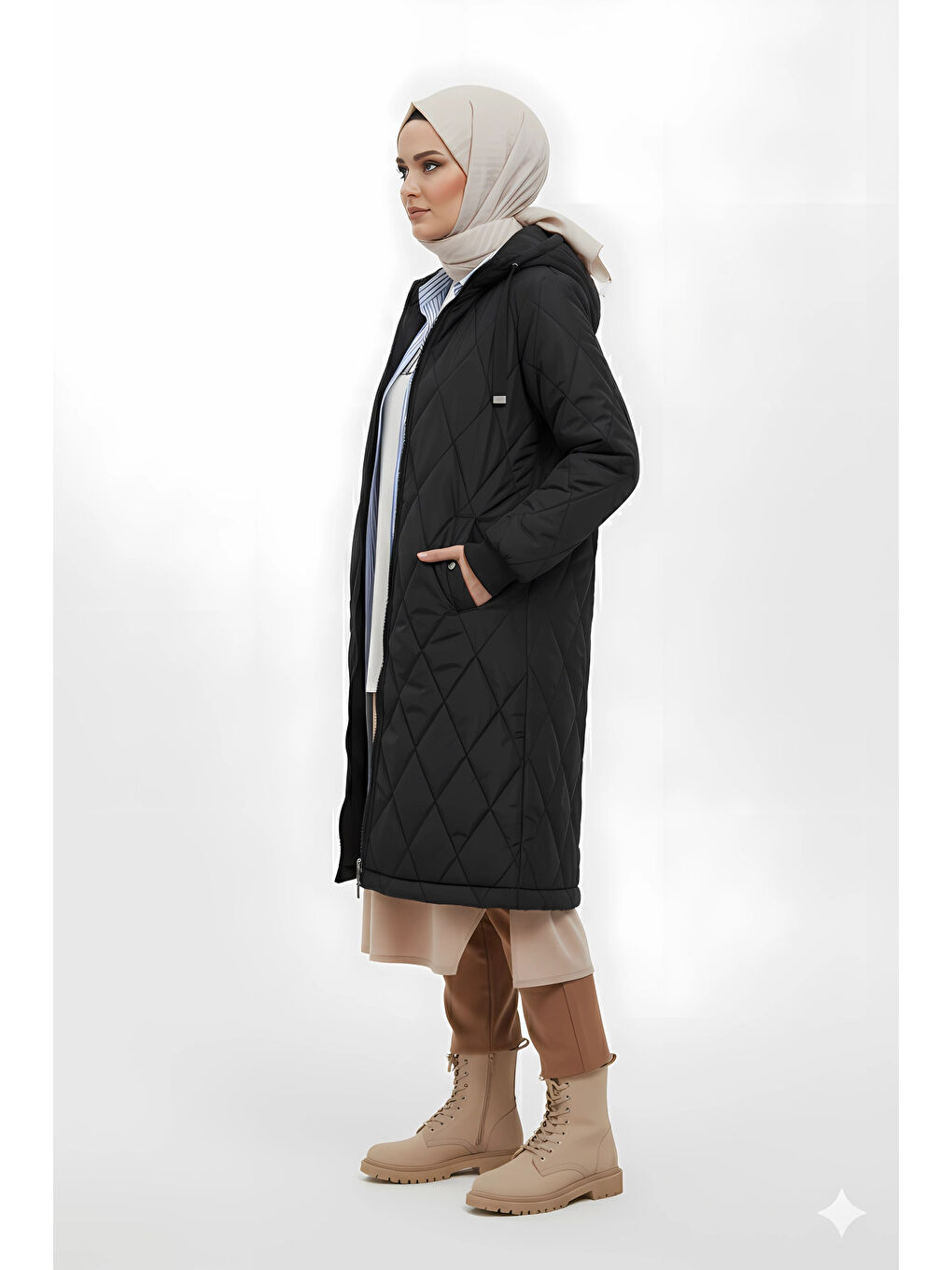 Kadın Siyah Uzun Kapitone Astarlı Şişme Tesettür Mont HZL25W-BD151381-1