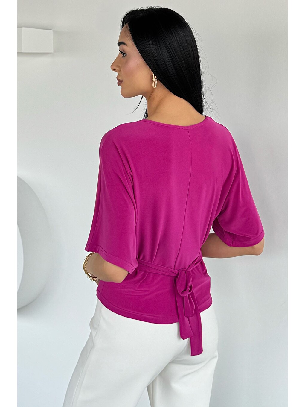 Mürdüm Bel Bağlamalı Kısa Kollu Bluz-3
