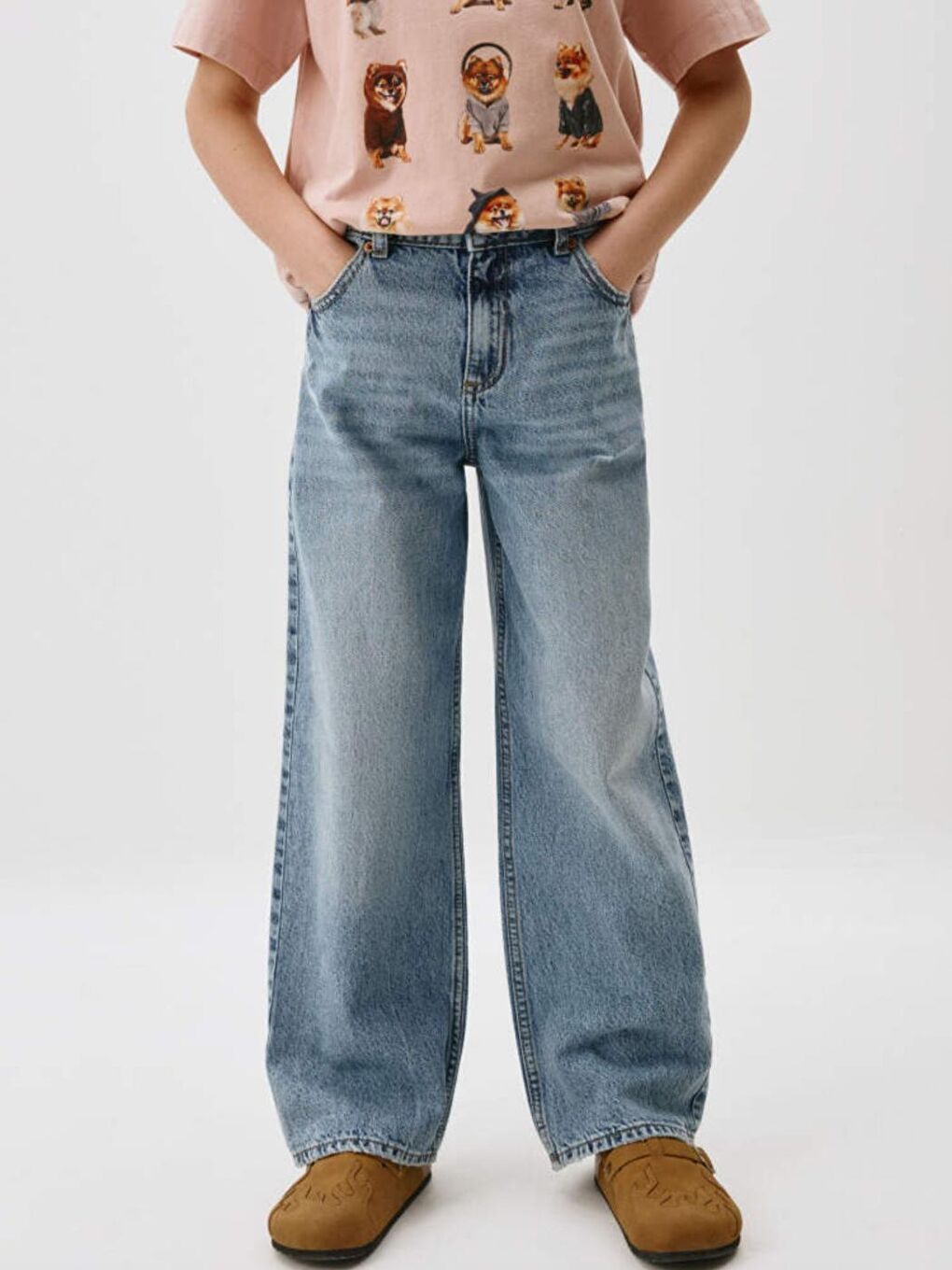 Kız Çocuk Mavi Renk %100 Pamuk Ayarlanabilir Bel Rahat Kesim Wide Leg Denim Pantolon 5-15 Yaş-1