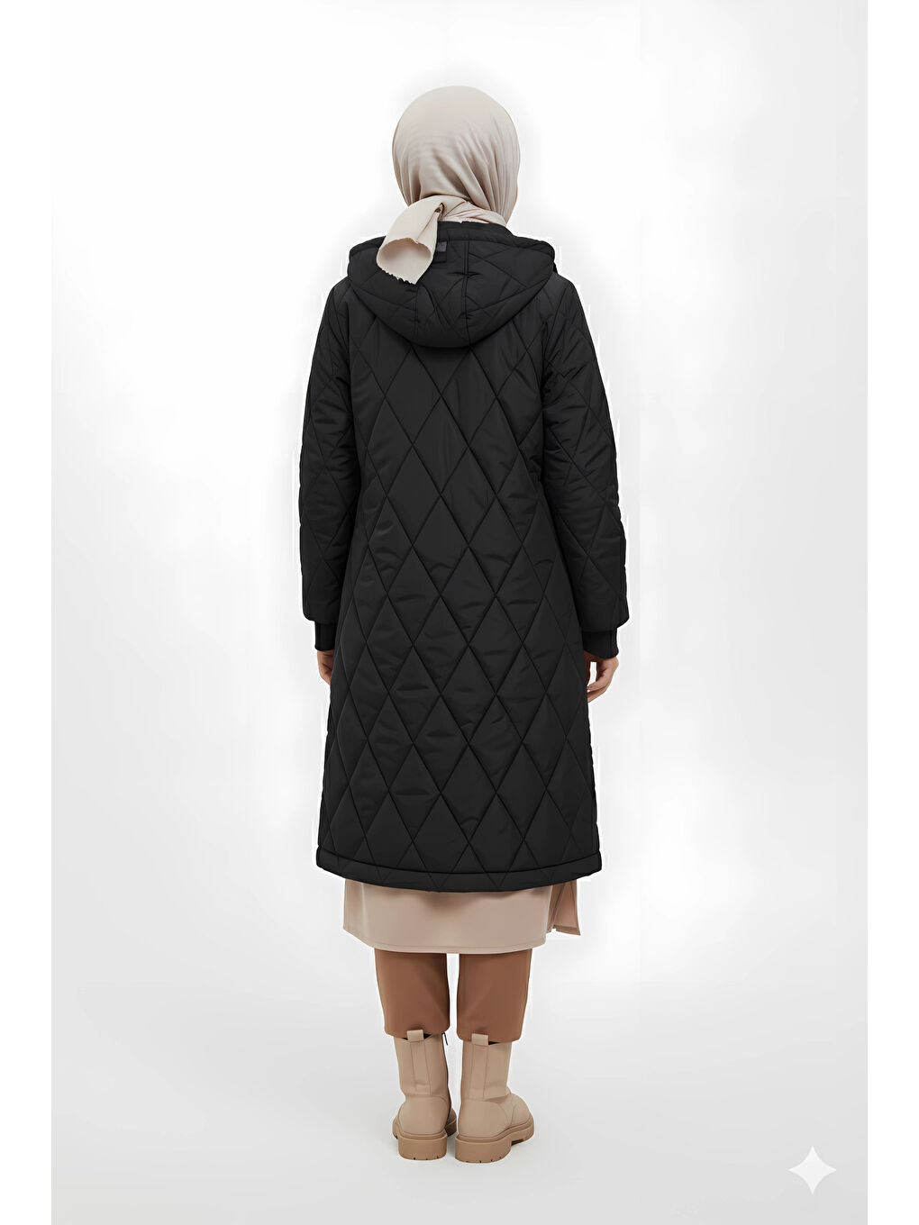 Kadın Siyah Uzun Kapitone Astarlı Şişme Tesettür Mont HZL25W-BD151381-2
