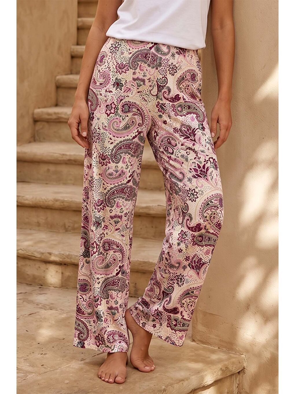 Beyaz Büyük Beden Kadın Desenli Viskon Kumaş Penye Battal Tek Pijama Alt 24 Çok Renkli-1