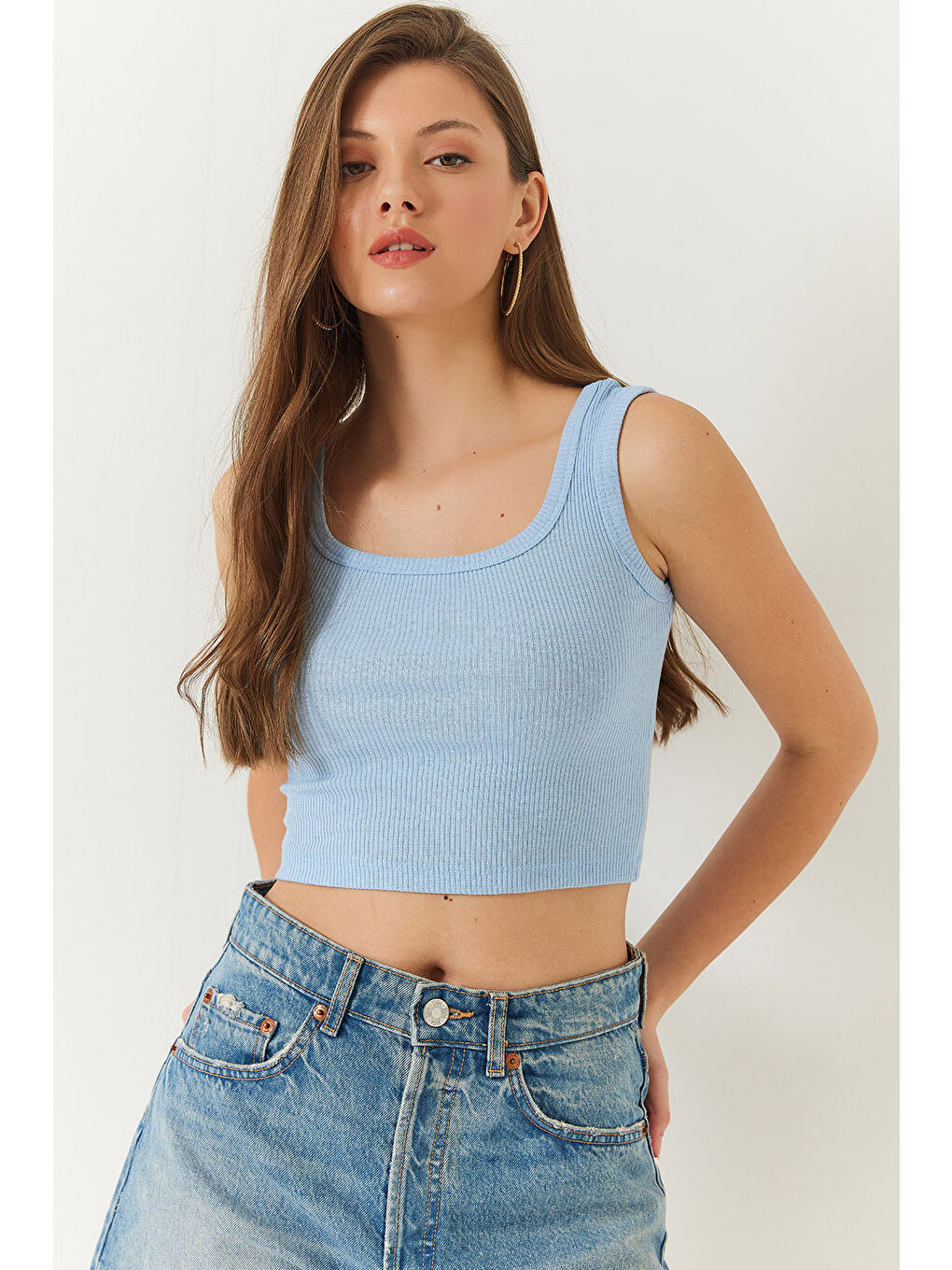 Mavi Kadın Askılı Fitilli Kaşkorse Bluz-1