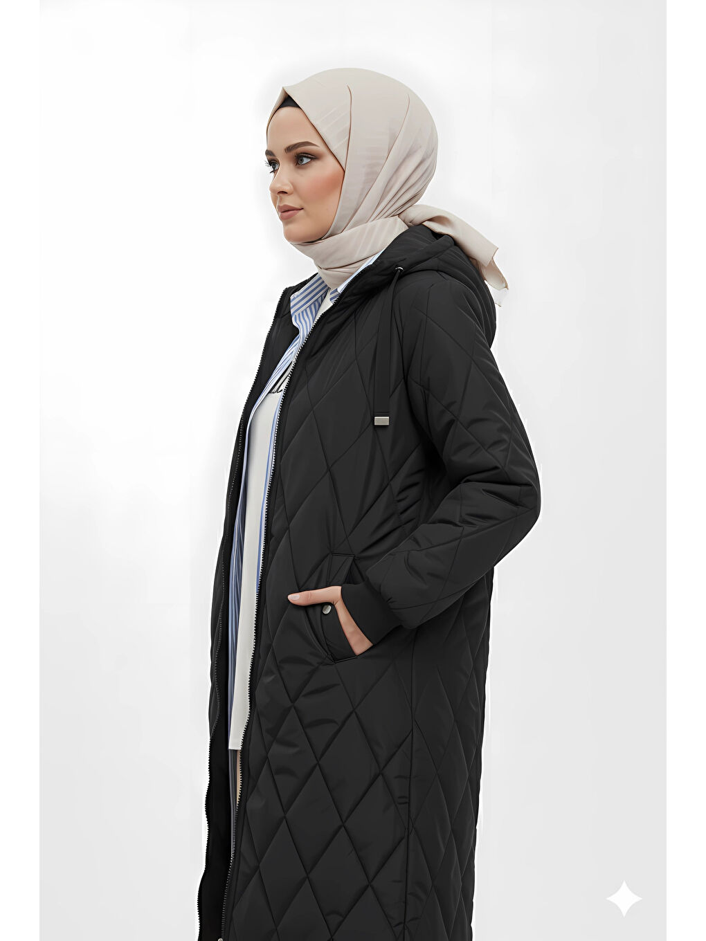 Kadın Siyah Uzun Kapitone Astarlı Şişme Tesettür Mont HZL25W-BD151381-3