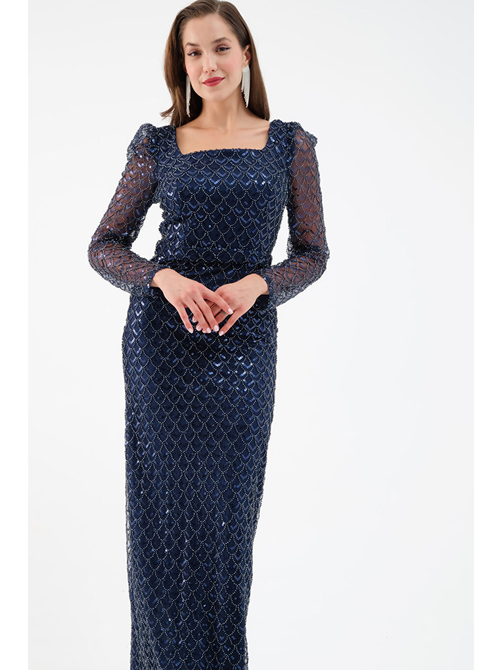 Kadın Lacivert Kare Yaka Uzun Kollu Boncuklu Uzun Abiye Elbise-2
