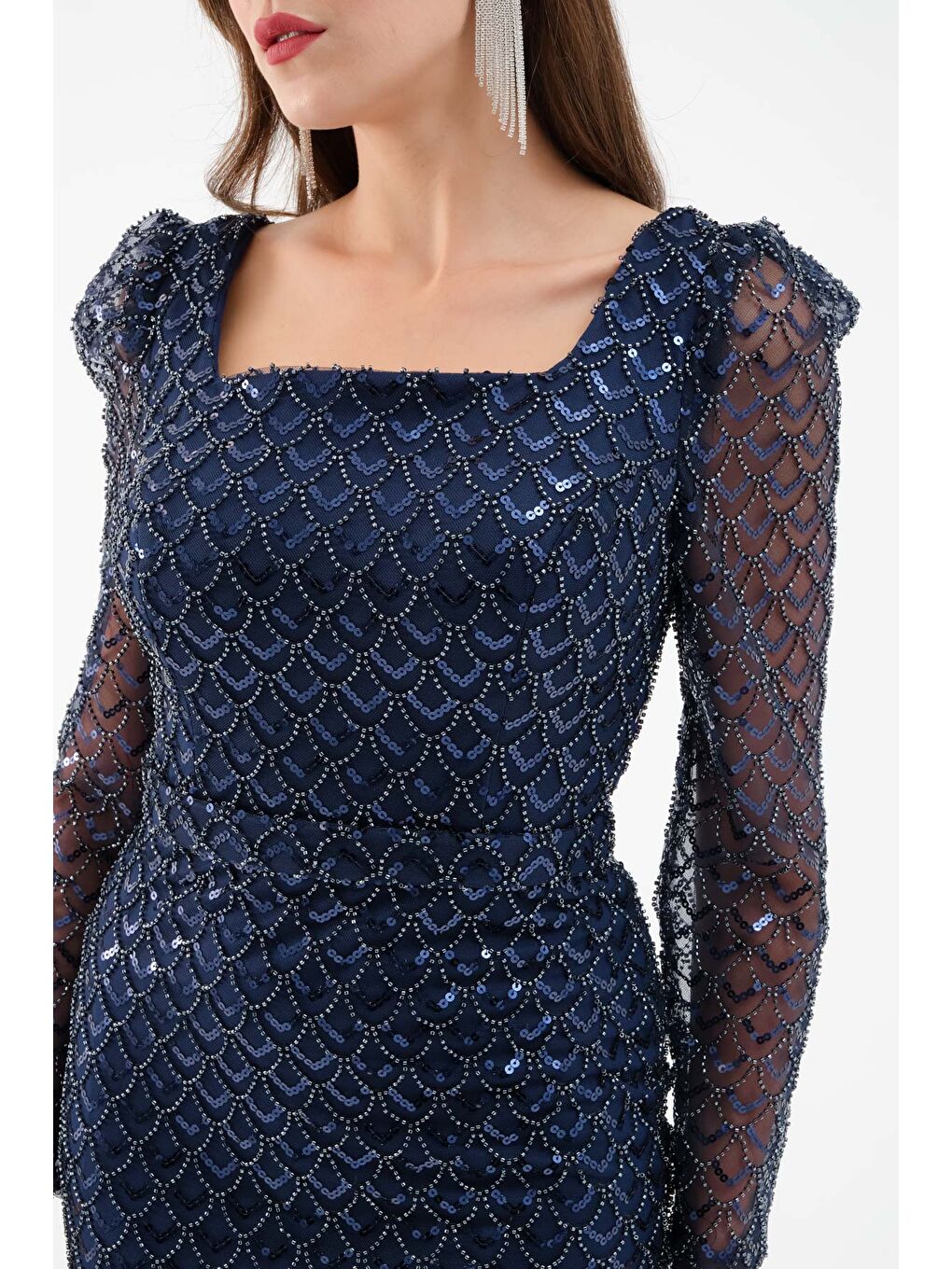 Kadın Lacivert Kare Yaka Uzun Kollu Boncuklu Uzun Abiye Elbise-3