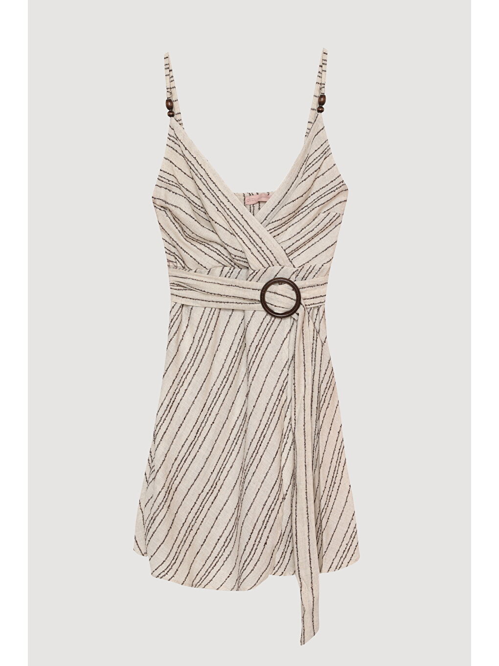 Bej İnce Askılı Kemer Aksesuarlı Çizgili Mini Elbise Naturel