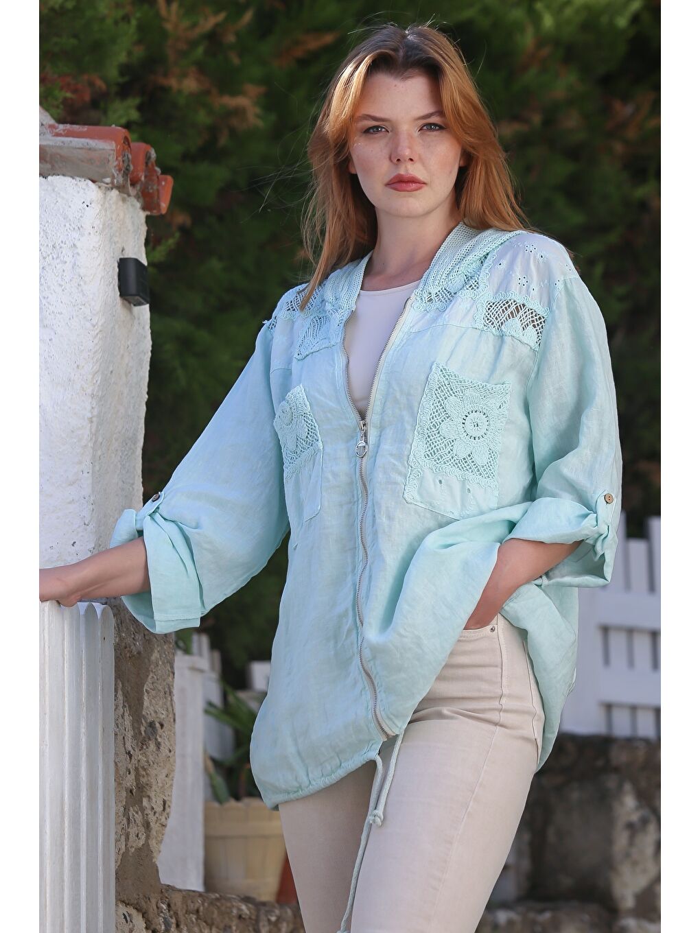 Yeşil İtalyan Mint Kapüşonlu Düğmeli Uzun Kollu Fermuarlı Cepli File Detaylı Keten Dokuma Ceket 75 65-1