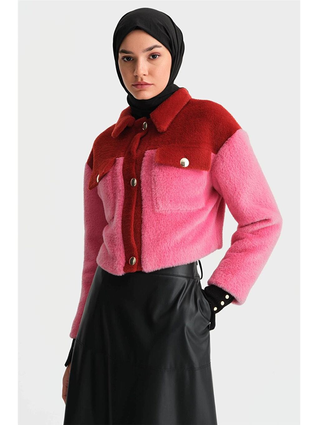 Blok Renkli Pelüş Ceket 24K5600 Kırmızı-1