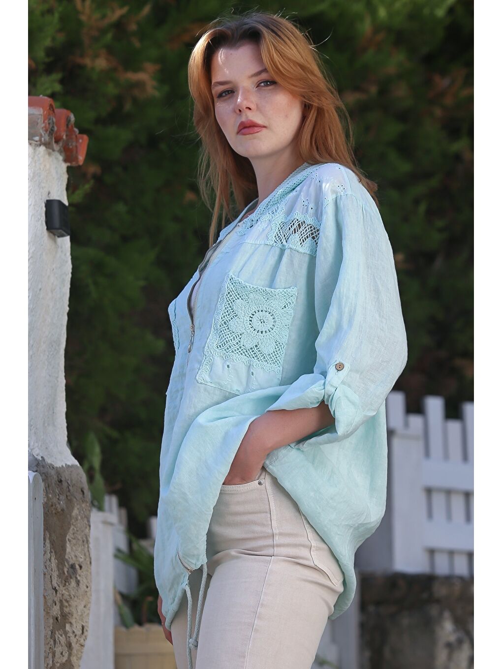 Yeşil İtalyan Mint Kapüşonlu Düğmeli Uzun Kollu Fermuarlı Cepli File Detaylı Keten Dokuma Ceket 75 65-2