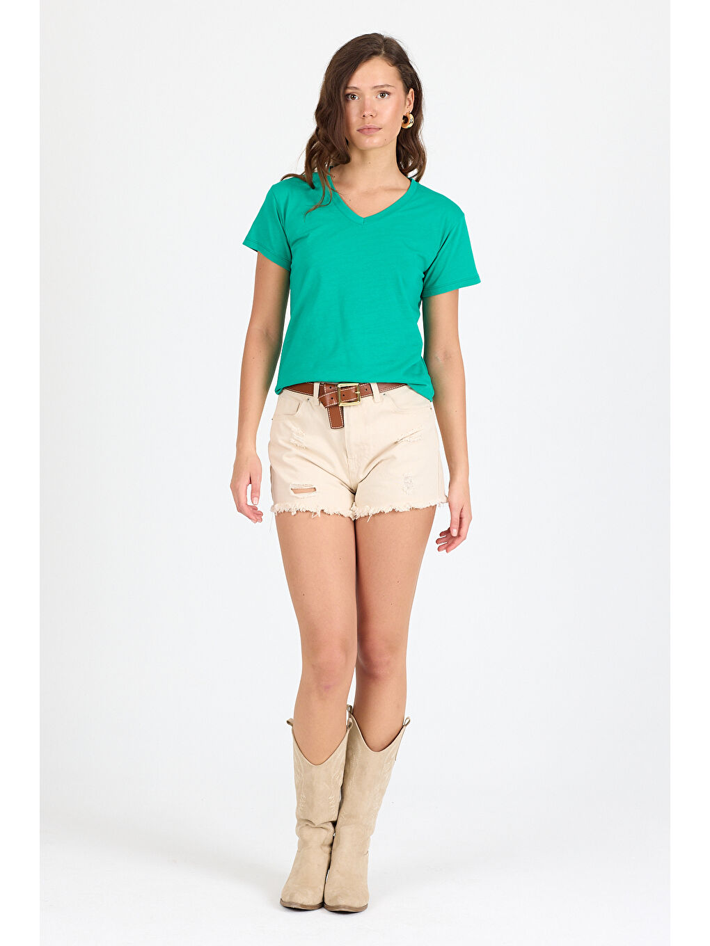 Yeşil Kadın V Yaka T-shirt 3005-1