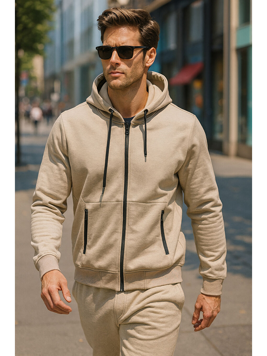 Erkek Kapüşonlu Tek Üst Fermuarlı Sweatshirt REU-25723 Bej