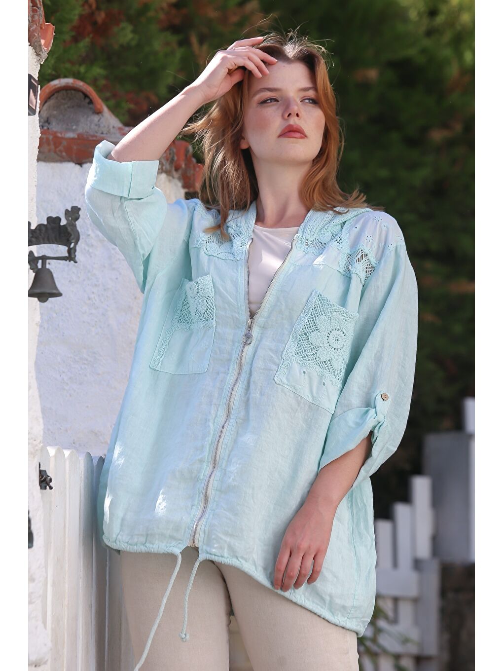 Yeşil İtalyan Mint Kapüşonlu Düğmeli Uzun Kollu Fermuarlı Cepli File Detaylı Keten Dokuma Ceket 75 65-3