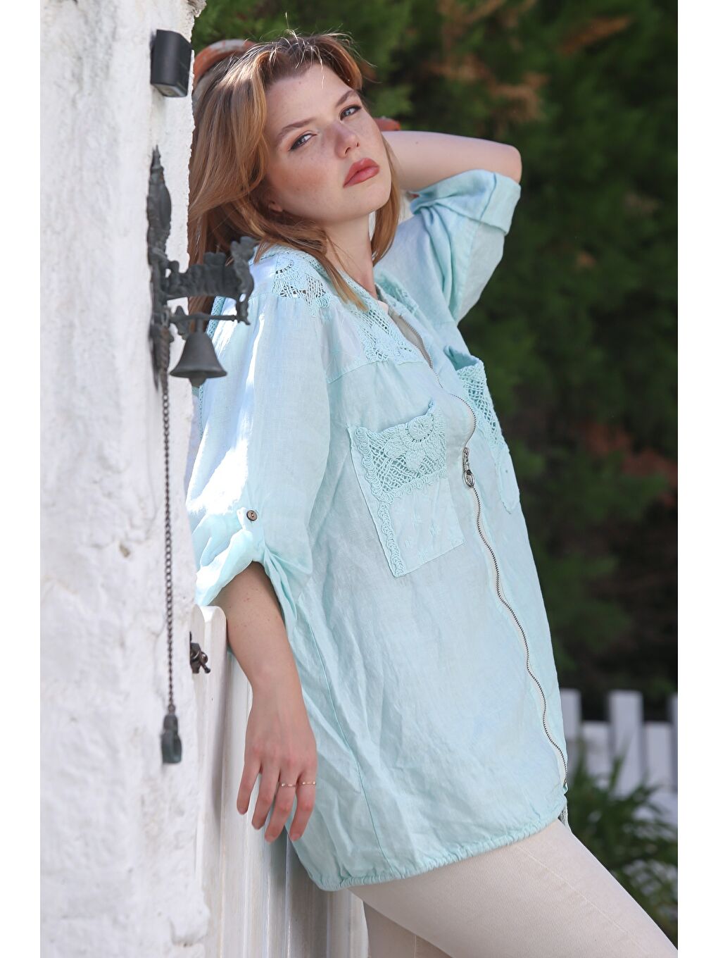 Yeşil İtalyan Mint Kapüşonlu Düğmeli Uzun Kollu Fermuarlı Cepli File Detaylı Keten Dokuma Ceket 75 65-4