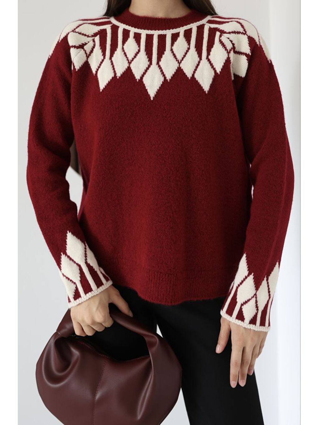 Bisiklet Yaka Desenli Triko Kazak Bordo-1