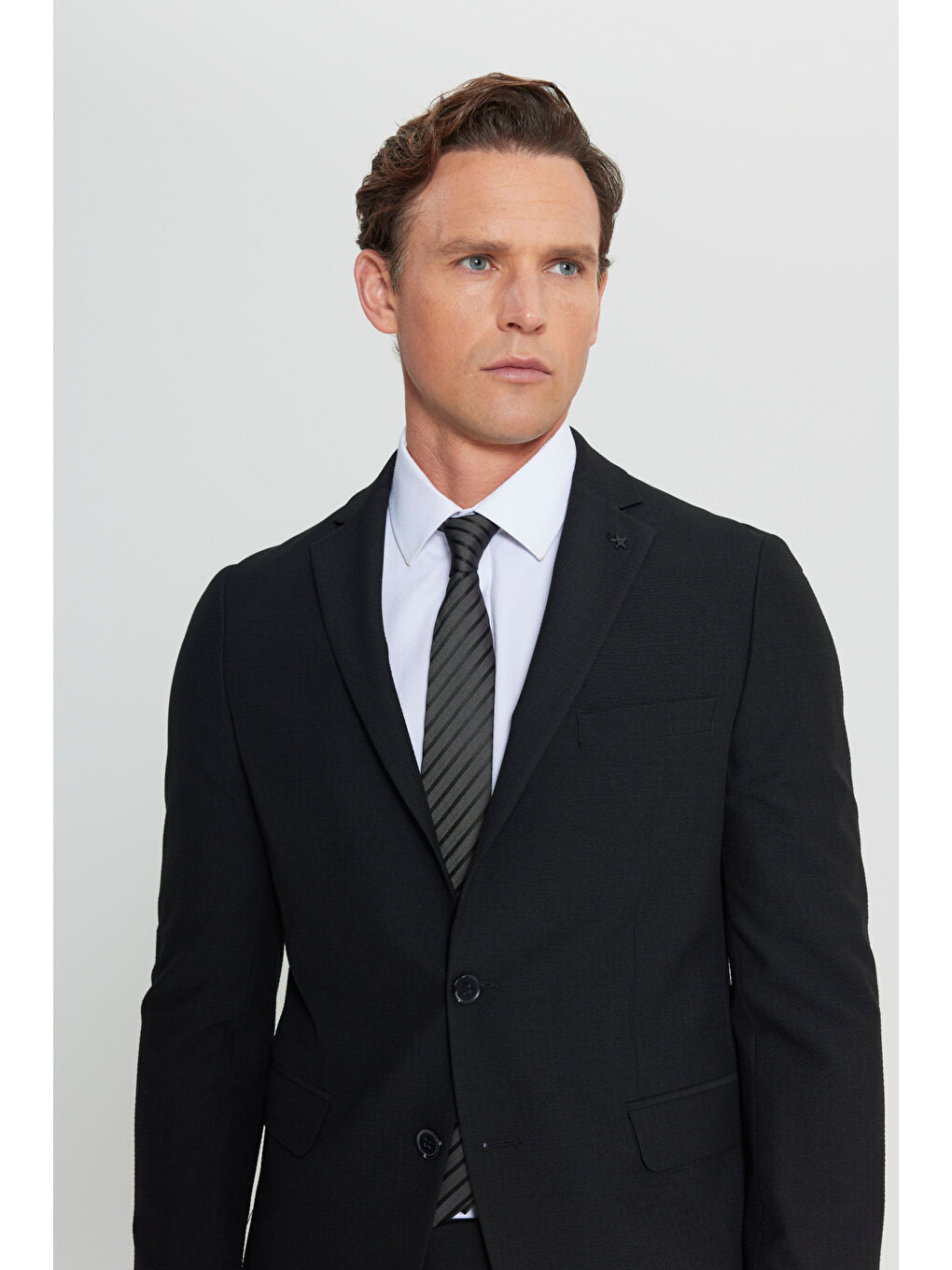 Erkek Siyah Slim Fit Mono Yaka Gofre Desenli Kapak Cepli Esnek Takım Elbise-4