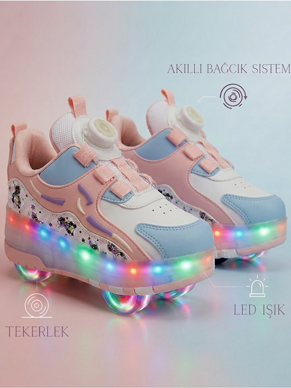 Pembe Kız Çocuk LED Işıklı Tekerlekli Paten Spor Ayakkabı-1