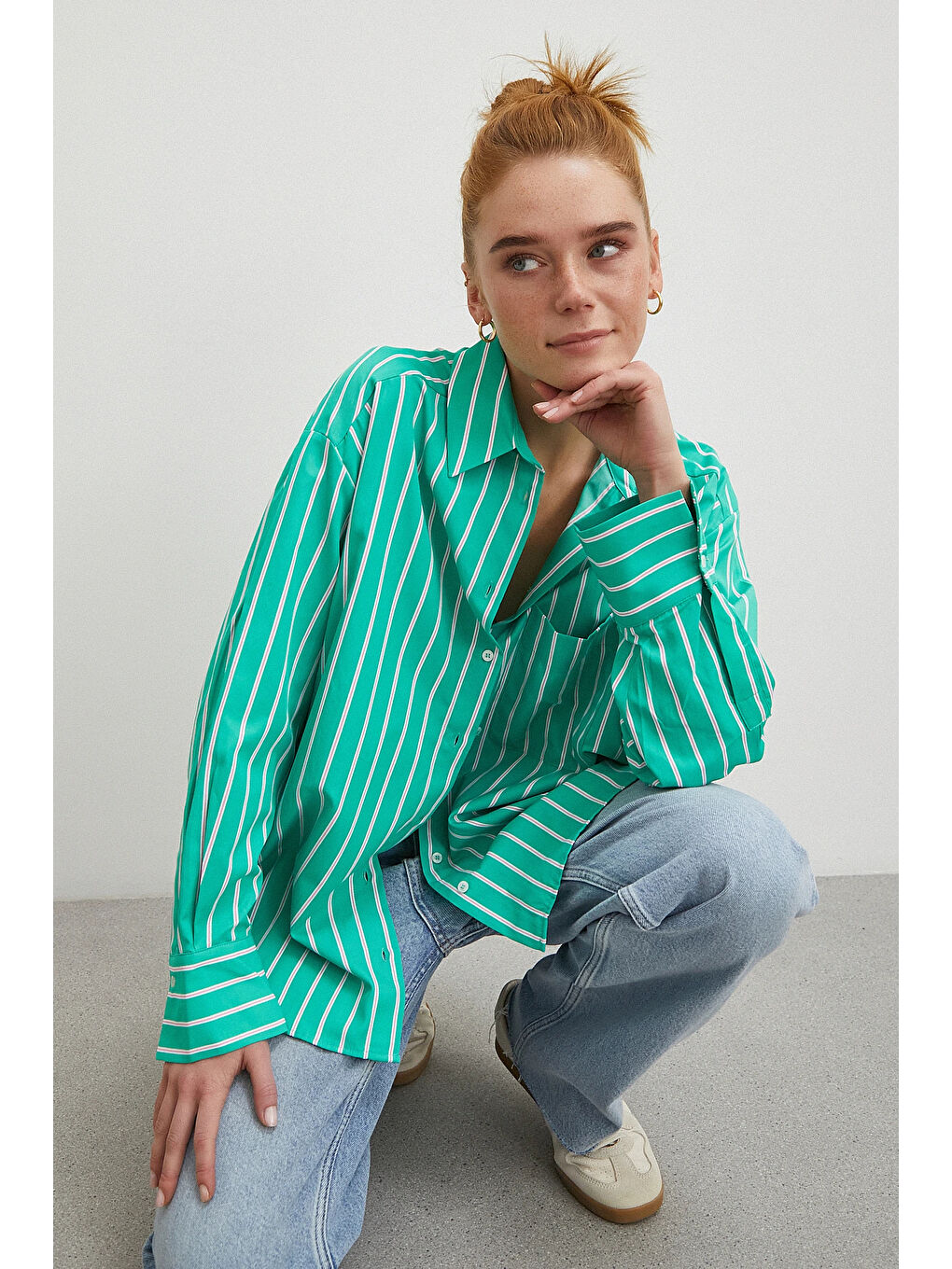 Çizgili Poplin Gömlek Yeşil