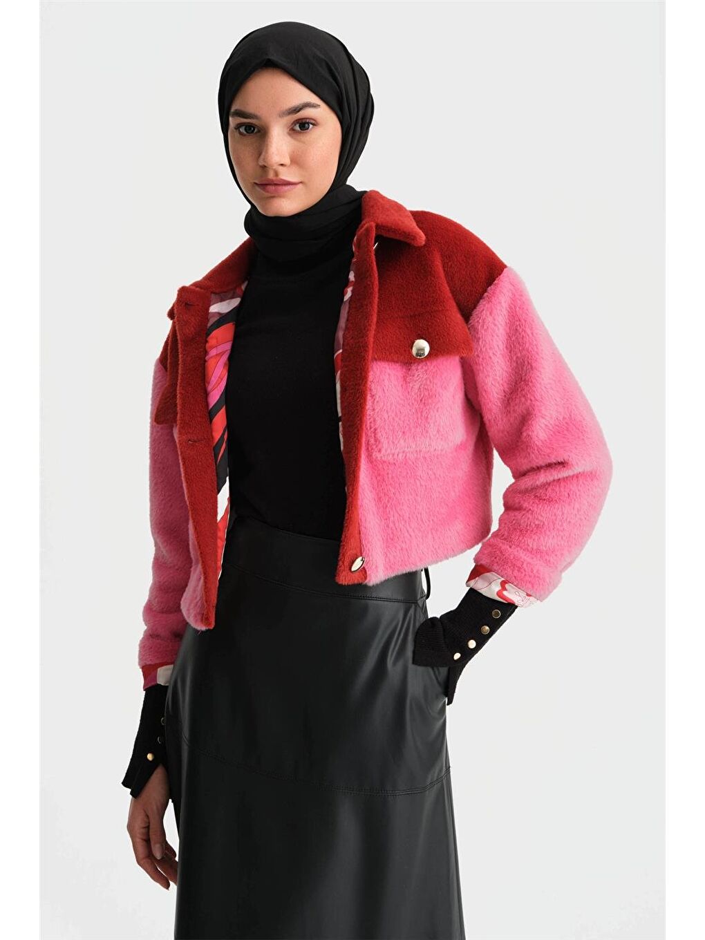 Blok Renkli Pelüş Ceket 24K5600 Kırmızı-2