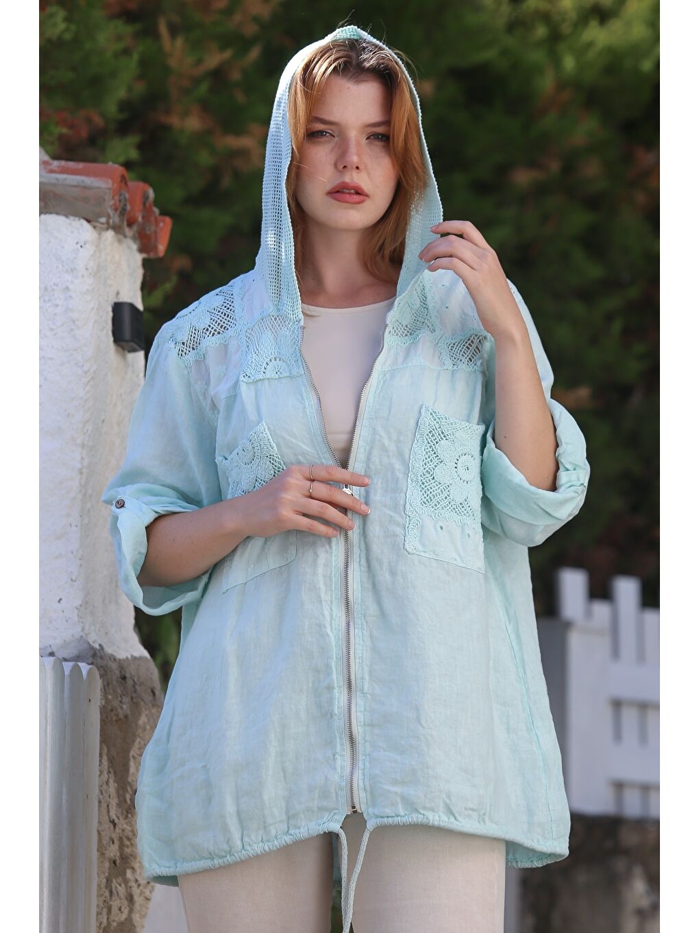 Yeşil İtalyan Mint Kapüşonlu Düğmeli Uzun Kollu Fermuarlı Cepli File Detaylı Keten Dokuma Ceket 75 65-5