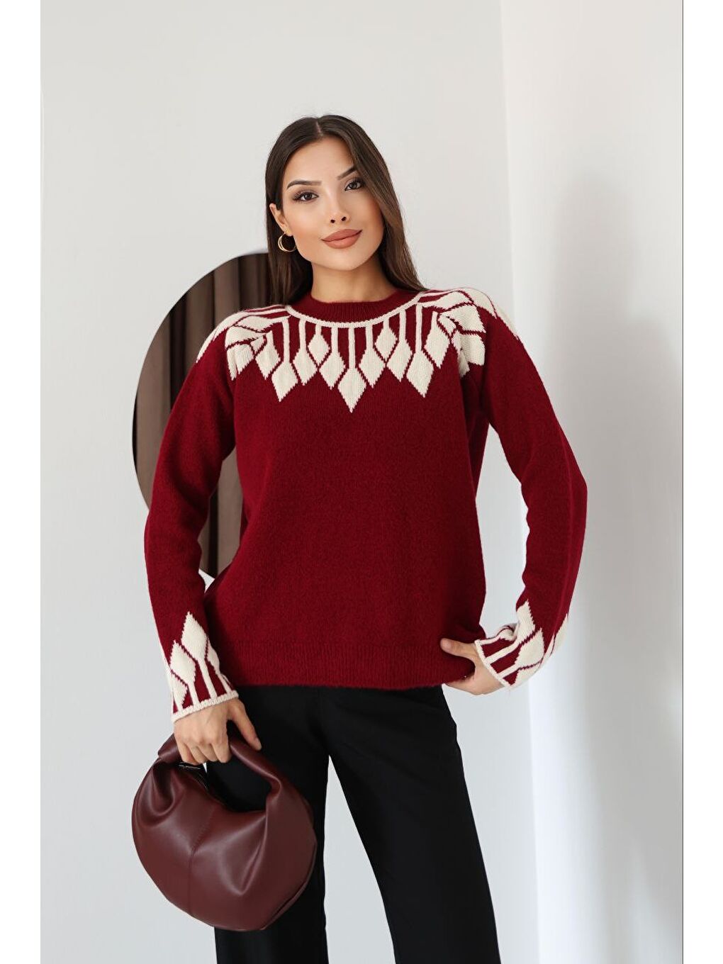 Bisiklet Yaka Desenli Triko Kazak Bordo-2