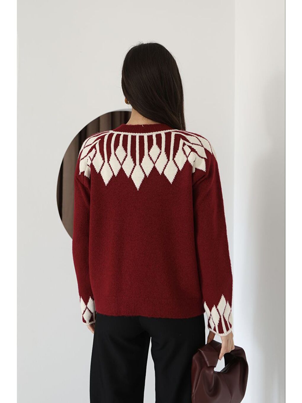 Bisiklet Yaka Desenli Triko Kazak Bordo-3