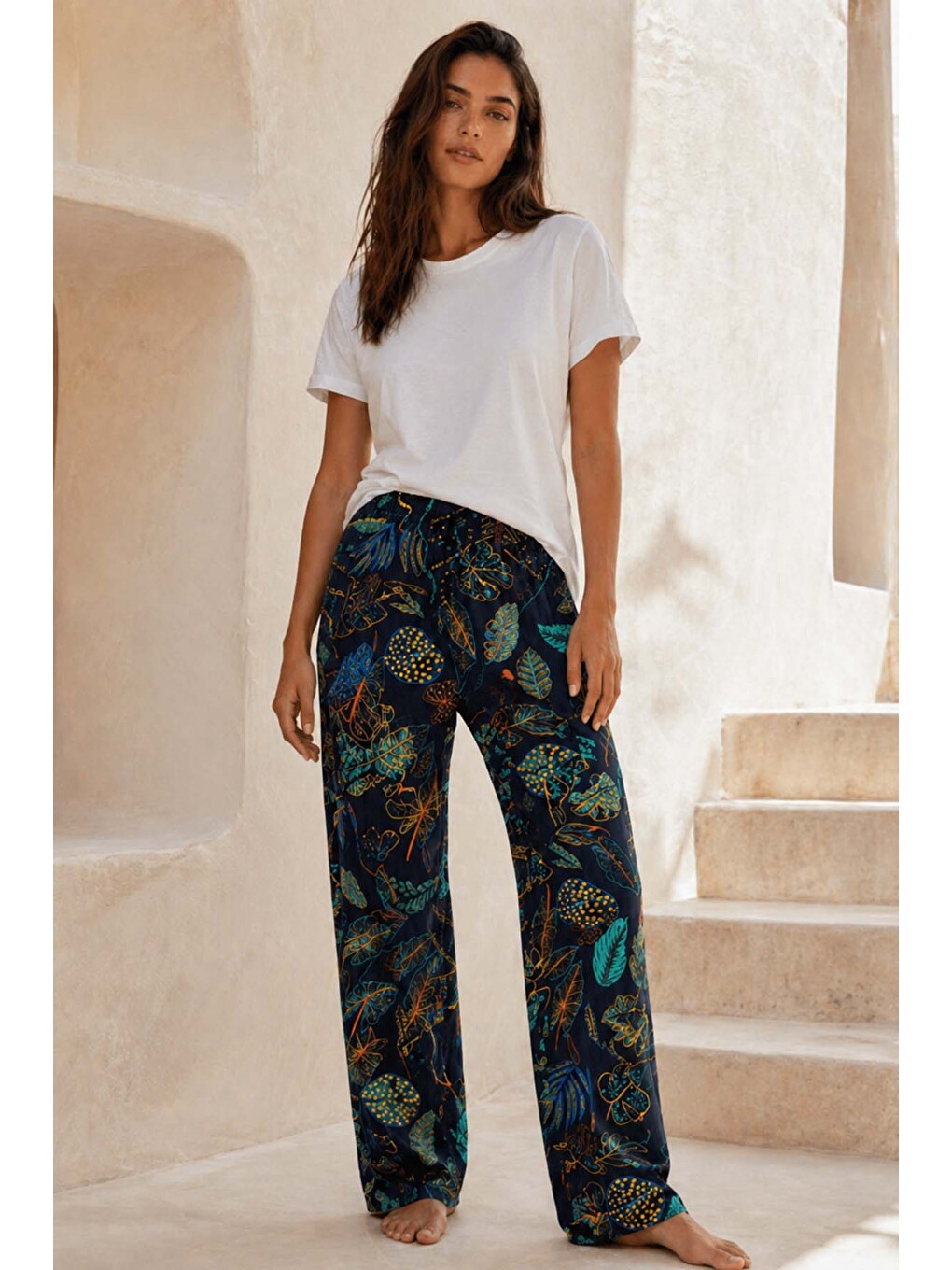 Büyük Beden Kadın Yaprak Desen Viskon Kumaş Penye Battal Tek Pijama Alt 25 Lacivert03-2