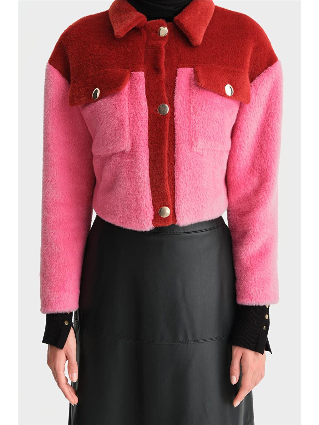 Blok Renkli Pelüş Ceket 24K5600 Kırmızı-3