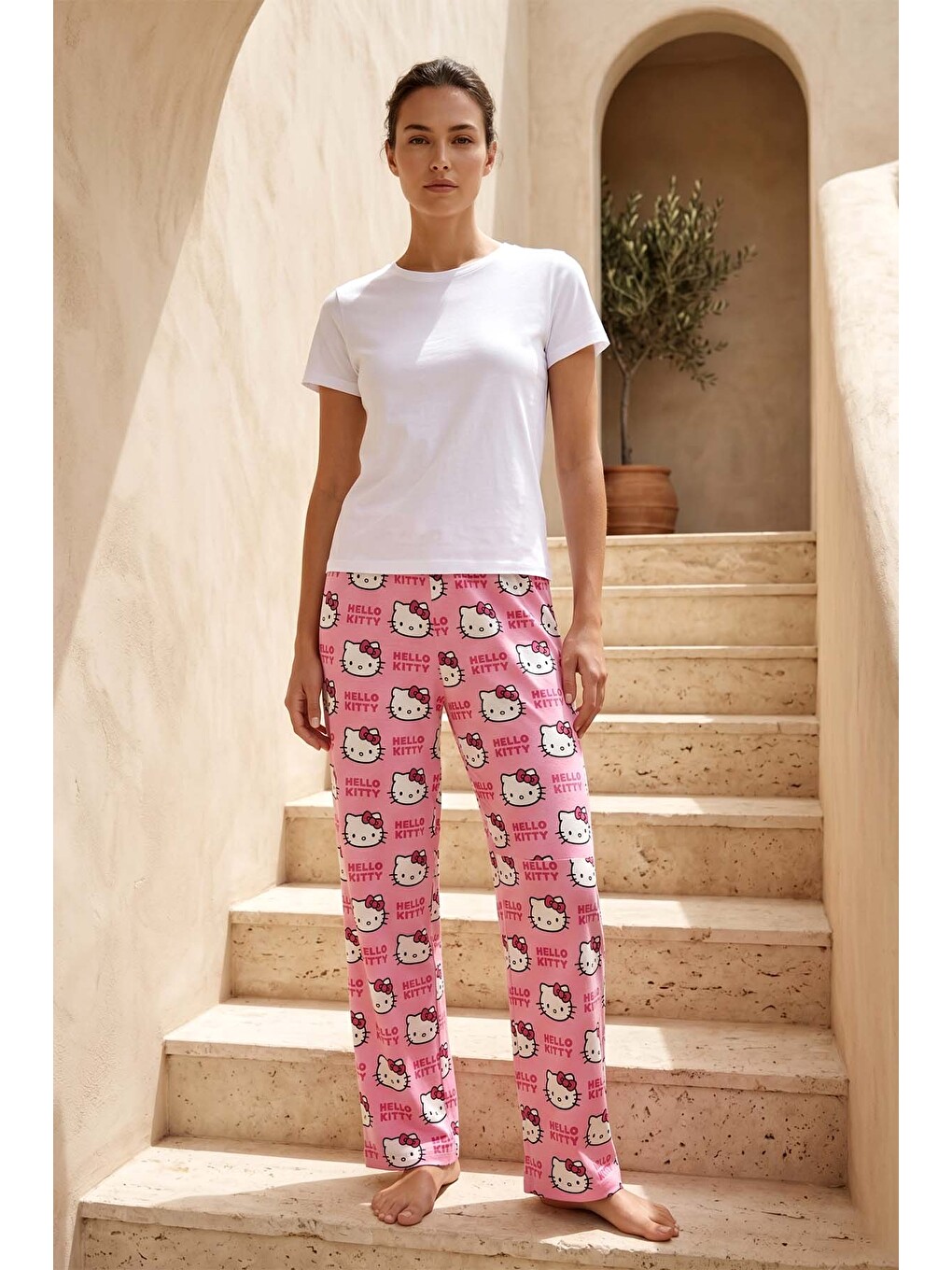 Kadın Viskon Kumaş Desenli Penye Tek Pijama Alt 40 Pembe03