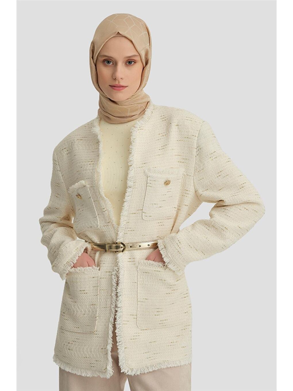 Kumaşı Simli Ceket 24K5712 Ekru-2