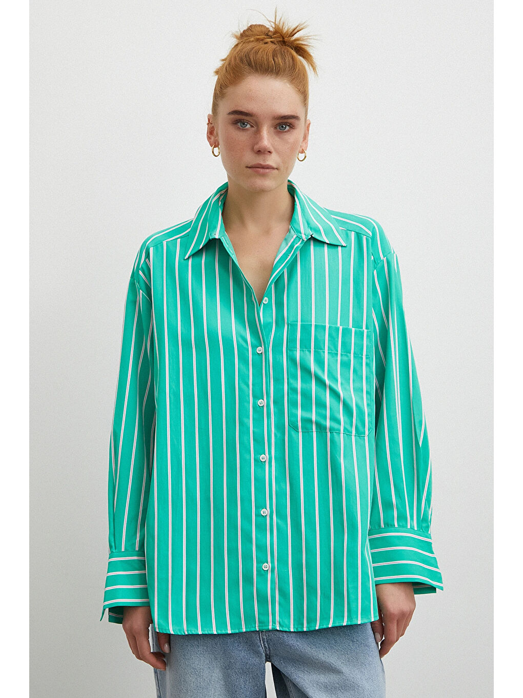 Çizgili Poplin Gömlek Yeşil-1