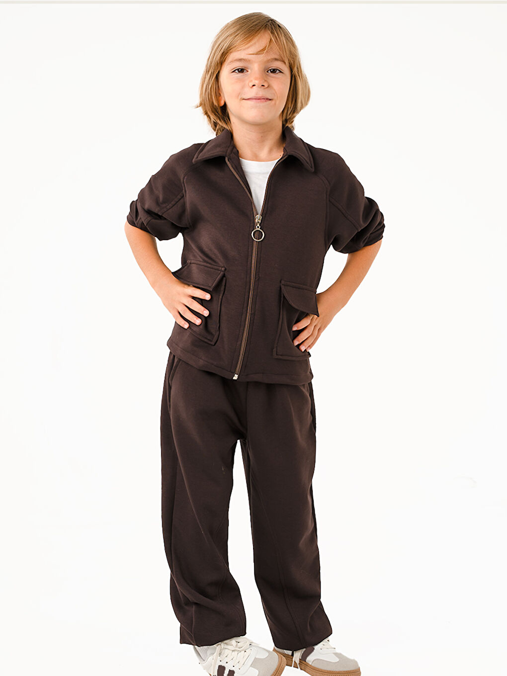 Kahverengi Erkek Çocuk Pocket Kahve Yumuşak Modal Eşofman Takım-1