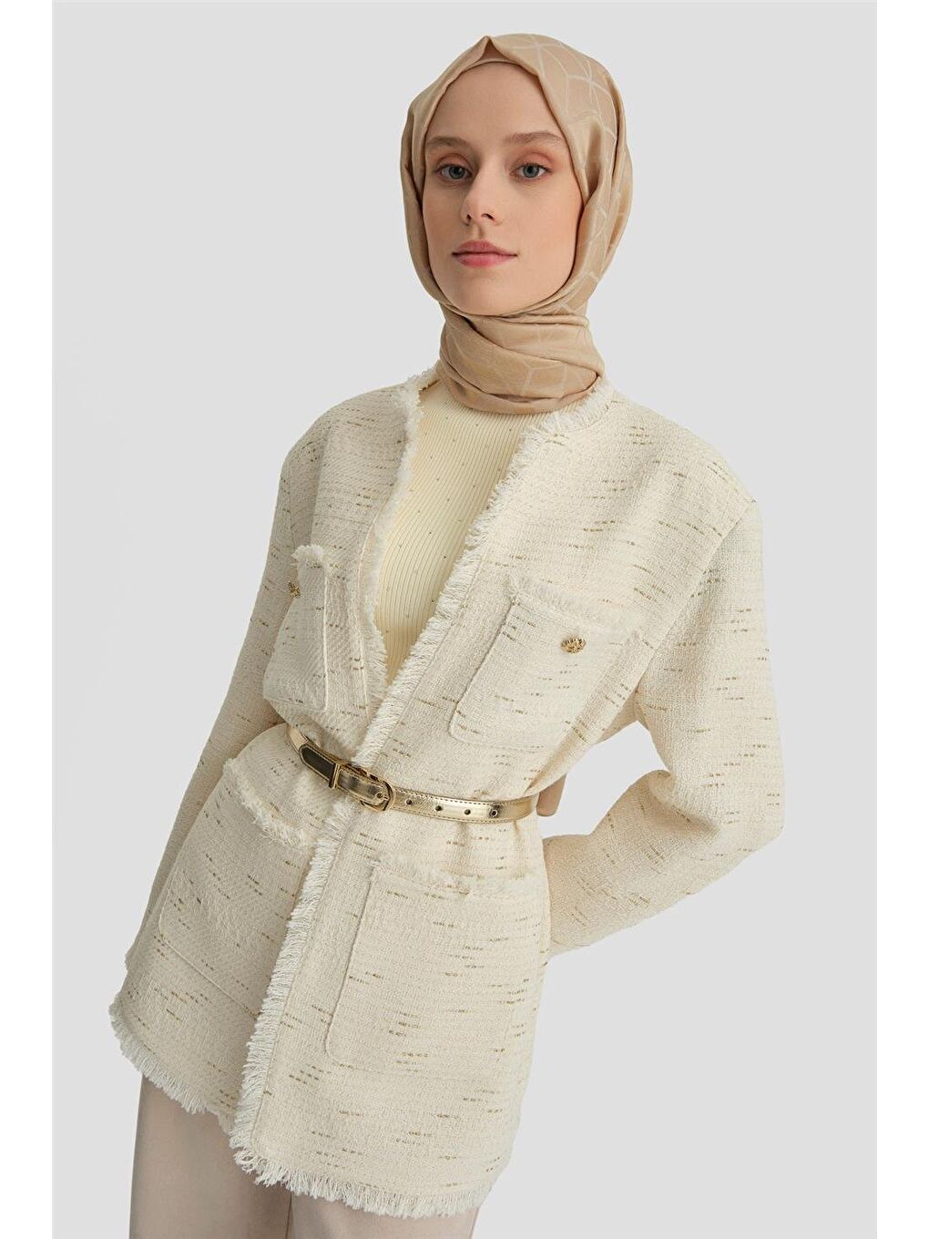 Kumaşı Simli Ceket 24K5712 Ekru-3