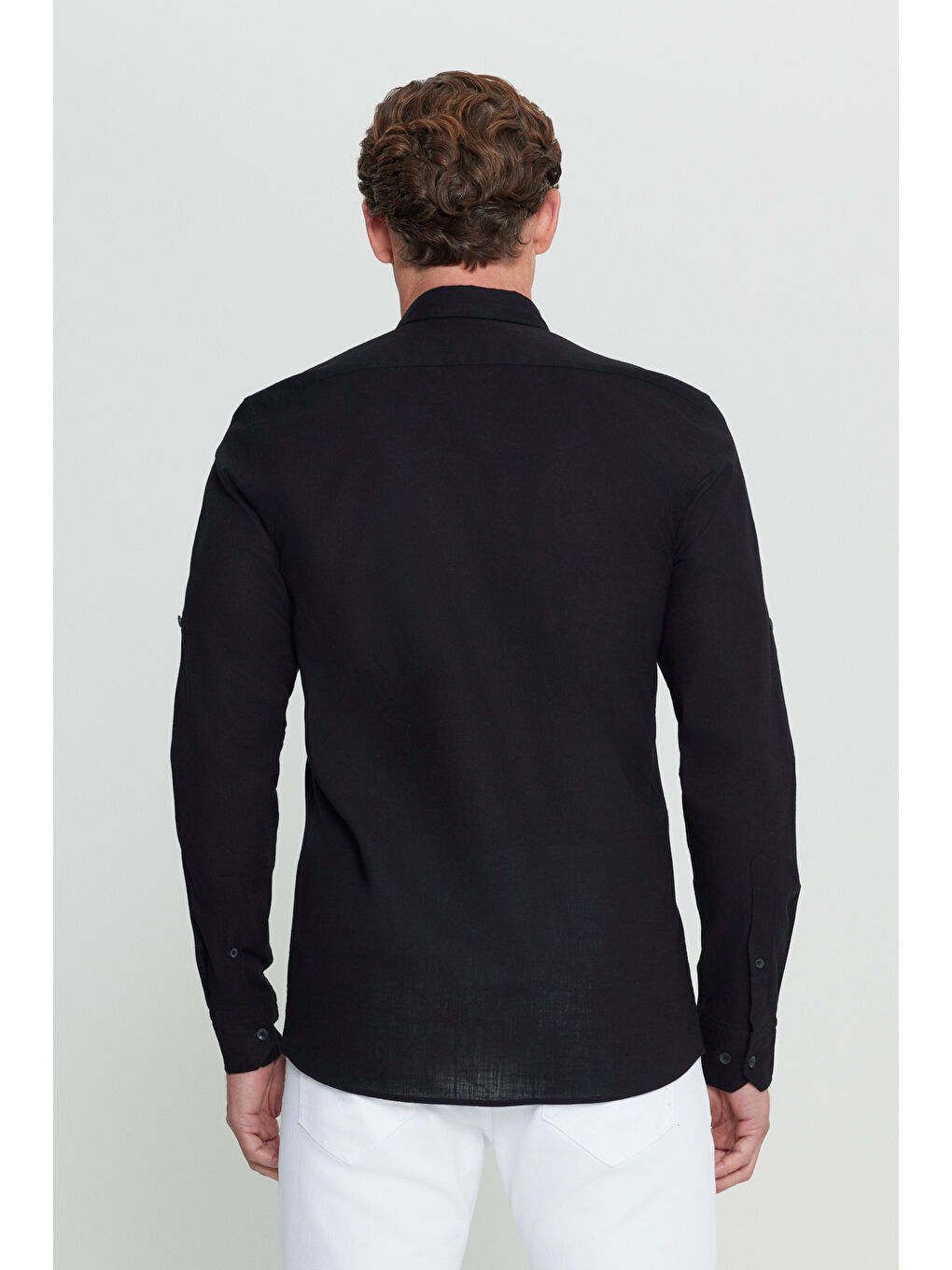 Erkek Siyah %100 Keten Comfort Fit Rahat Kesim Düğmeli Yaka Gömlek-4