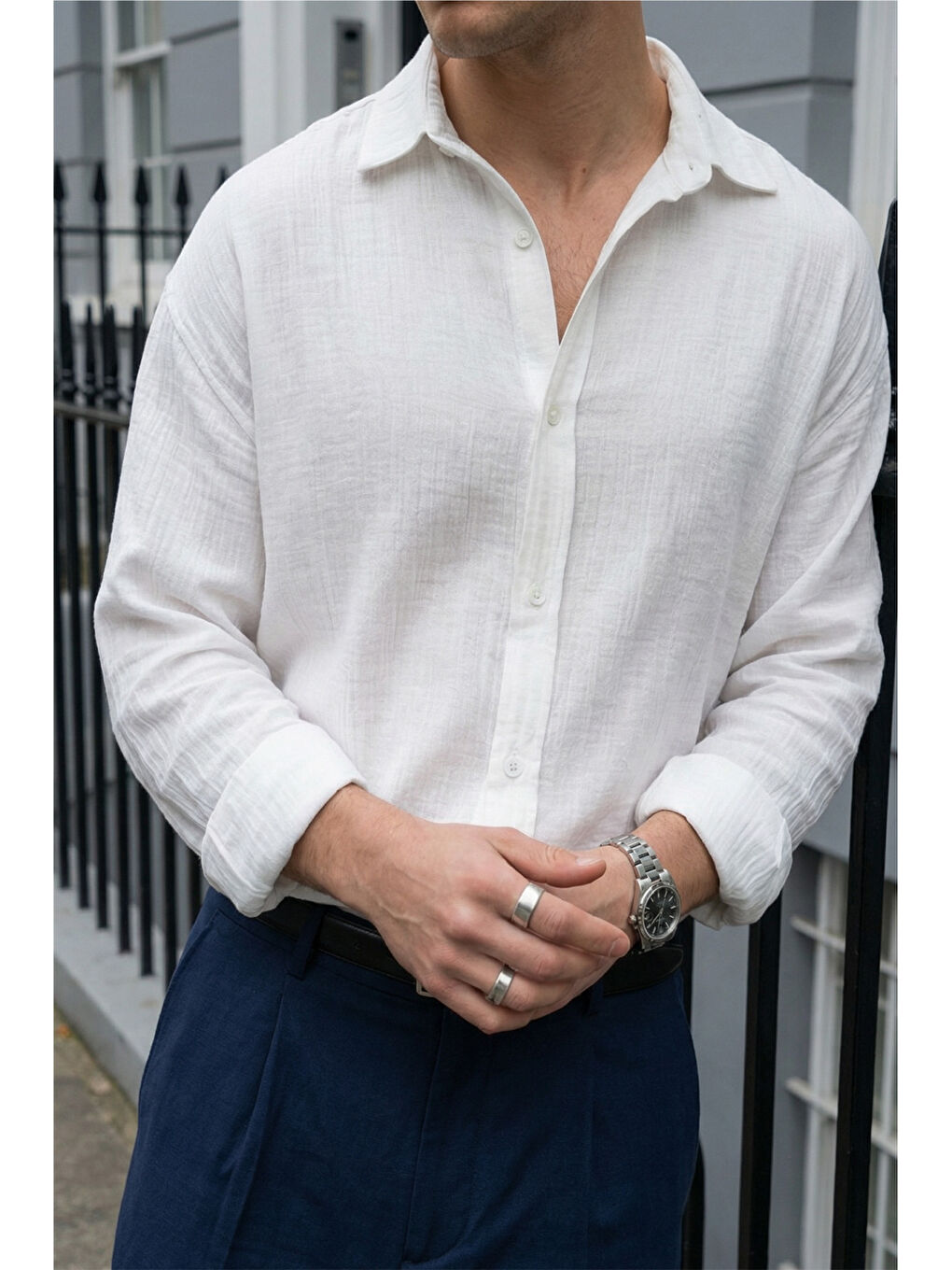 Beyaz Yurin Erkek Premium Müslin %100 Pamuk Oversize Uzun Kollu Gömlek-4