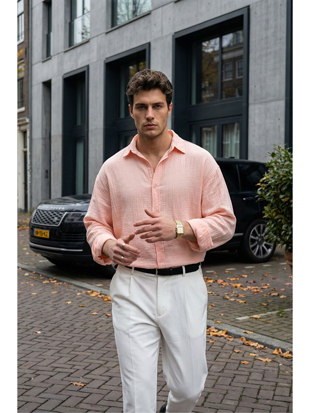 Pembe Yurin Erkek Premium Müslin %100 Pamuk Oversize Uzun Kollu Gömlek-2