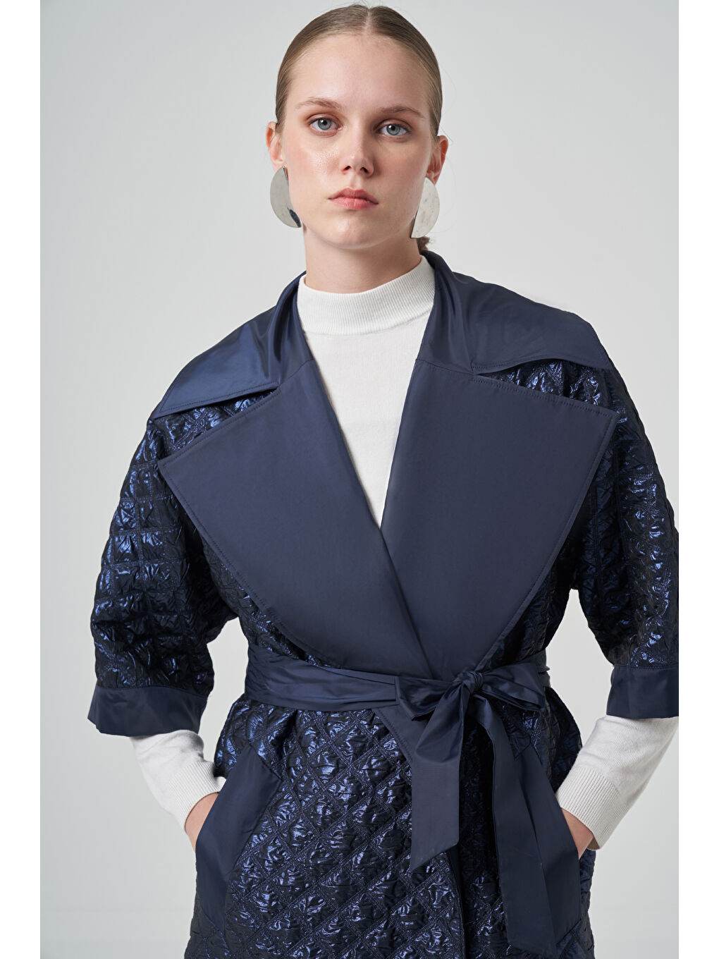 Kemer ve Örme Kol Detay Kap Ceket 6014 Lacivert-1